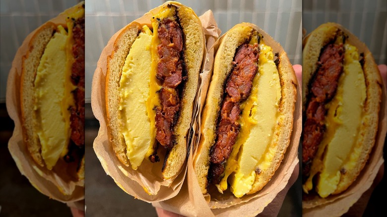 A packed breakfast sandwich