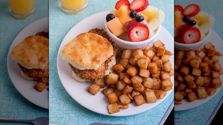Biscuit sandwich with fruit and breakfast potatoes