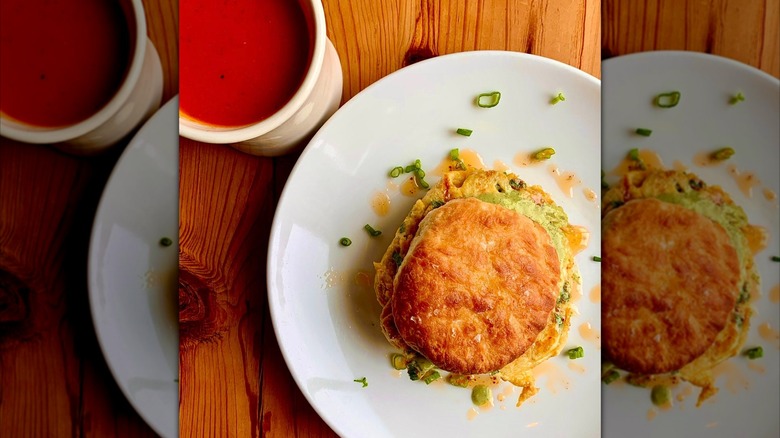 A delicious breakfast sandwich on a biscuit