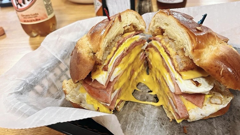 A huge bagel sandwich crammed full of Taylor ham