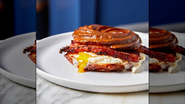 Decadent breakfast sandwich with maple cruller