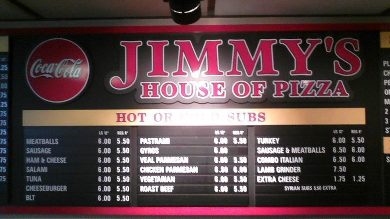 Menu board at Jimmy's House of Pizza