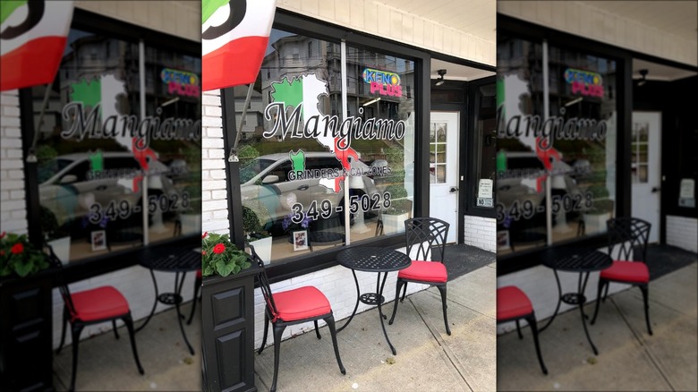 Two chairs outside Mangiamo Grinders and Calzones restaurant window