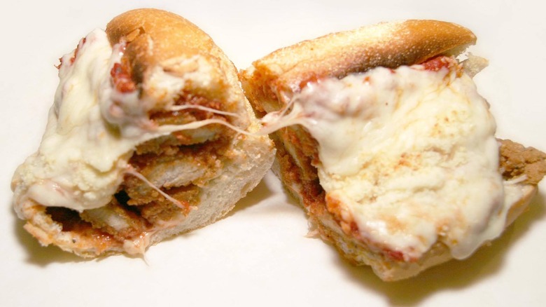 Chicken Parmesan sandwich in halves