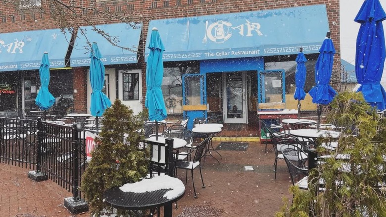 The Cellar restaurant exterior in the snow