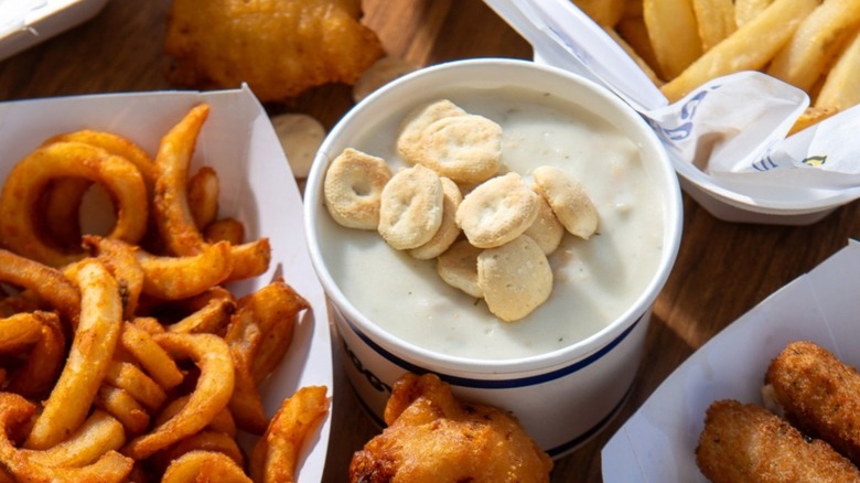 Iggy's Doughboy and Chowder House clam chowder surrounded by other fried menu items