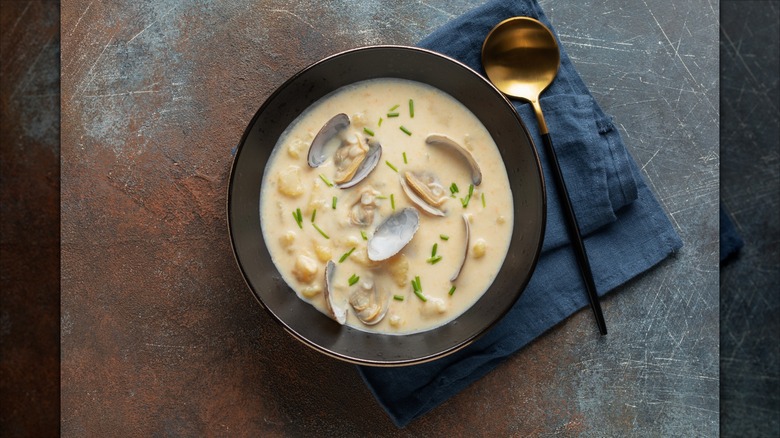 Clam chowder. Traditional American seafood cream soup. Top view