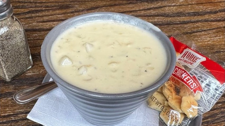 Union Oyster House clam chowder with pepper and crackers
