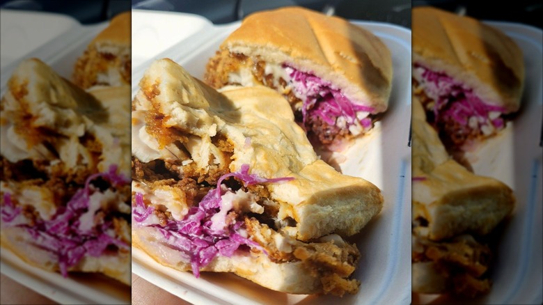 881 Grab & Go Cheyney Fish Sandwich in a styrofoam to-go container