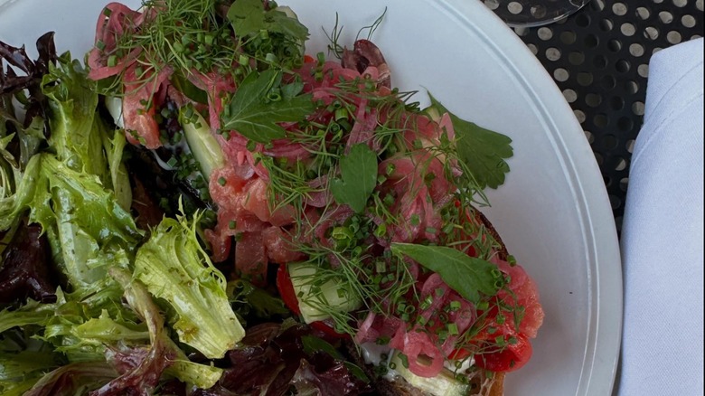 Pullman Bar and Diner Tuna Tartine Open-faced sandwich on a white plate