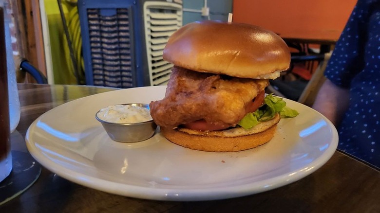 The Kosmos Restaurant Fish sandwich on a white plate served with a side of tartar sauce