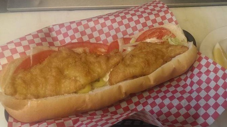 Amaral's Fish & Chips Fish Grinder on red and white checkered butcher paper