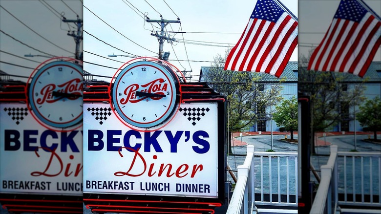 Exterior of Becky's Diner with American Flag flying in corner of picture