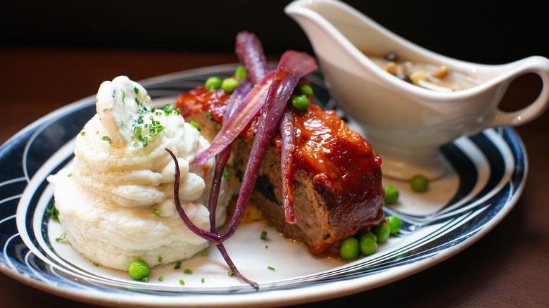 Bud & Marilyn's meatloaf with mashed potatoes and gravy boat
