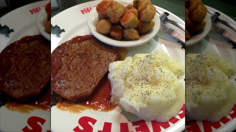 Meatloaf with mashed potatoes and fried okra