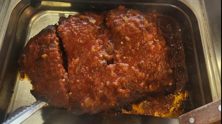 Meatloaf in steel serving tray