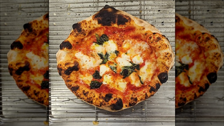 Margherita pizza with charred crust on cooling rack