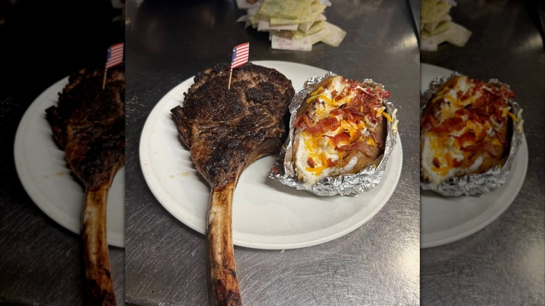 steak and loaded baked potato on a plate at Marshall Steakhouse