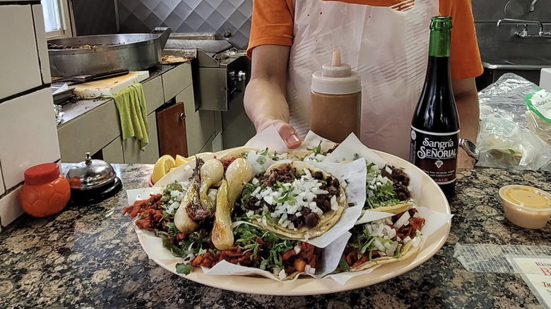 Hand holding plates of different tacos over countertop