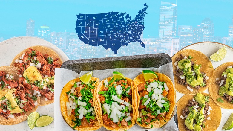Two plates and a tray of various tacos in front of a skyline and a map of the U.S.