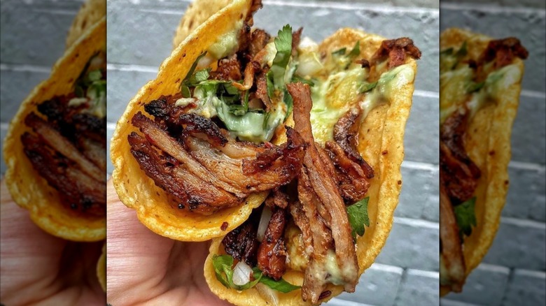 A hand holding a taco with meat, sauce, and cilantro