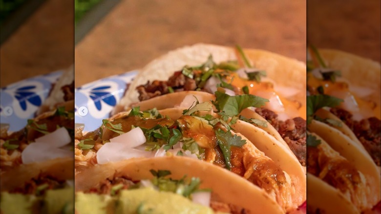 A close up of tacos with cilantro, onion and sauce on paper plate
