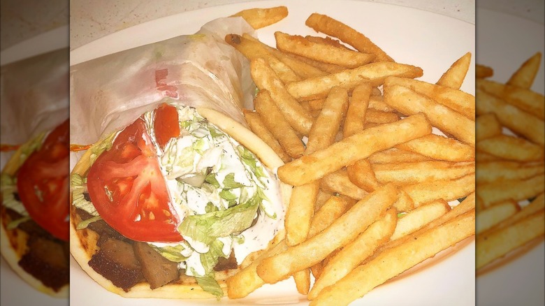 Lamb Gyro with side of French fries on a white platter from Halal Gyro Kabob House