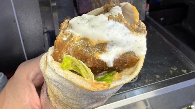 Hand holding a Gyro from Pita Plus Mediterranean Grill