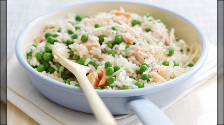 Bowl of Birds Eye rice, peas, and salmon