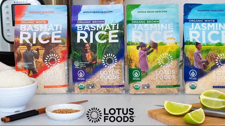 bags of Lotus Foods White and Brown Basmati and Jasmine Rice