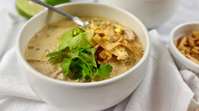 bowl of chicken chili with cilantro