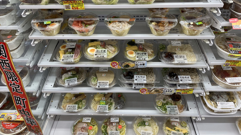 Fresh food shelves with noodles at a 7-Eleven in Osaka.