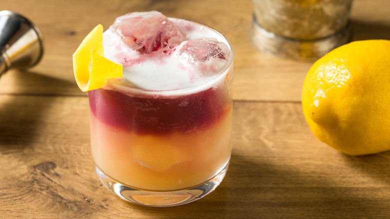 A Chicago Sour cocktail made with egg white in a glass