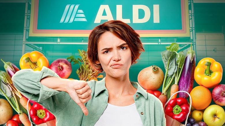 An upset shopper displays a thumbs down in front of Aldi, surrounded by produce