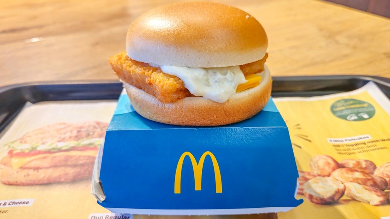 McDonald's Filet-O-Fish sandwich on cardboard clamshell