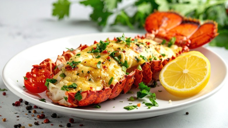 Lobster thermidor garnished with parsley.