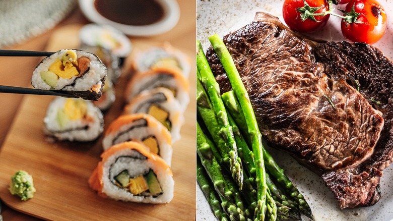 A split picture with one side featuring steak and the other side featuring sushi
