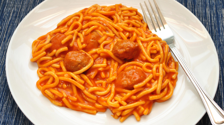 canned processed meatballs and pasta