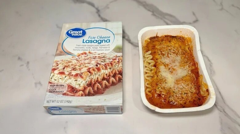 Great Value's lasagna sitting on a countertop.