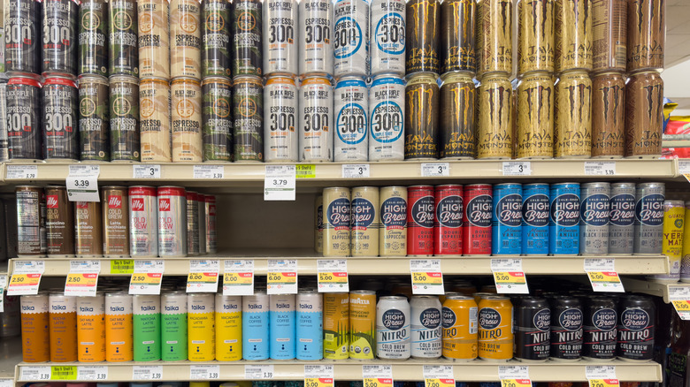 A variety of canned cold brew coffee drinks on store shelves