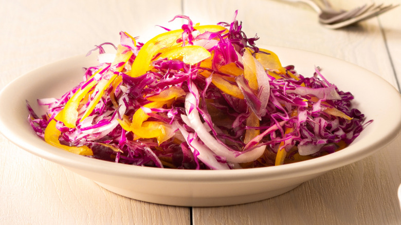 Slaw with red cabbage, onions, and bell peppers