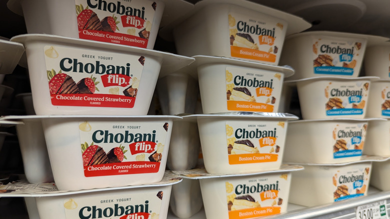 Chobani flip yogurts on a grocery store shelf