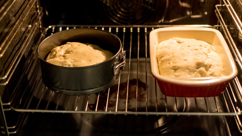 two different pans in an oven