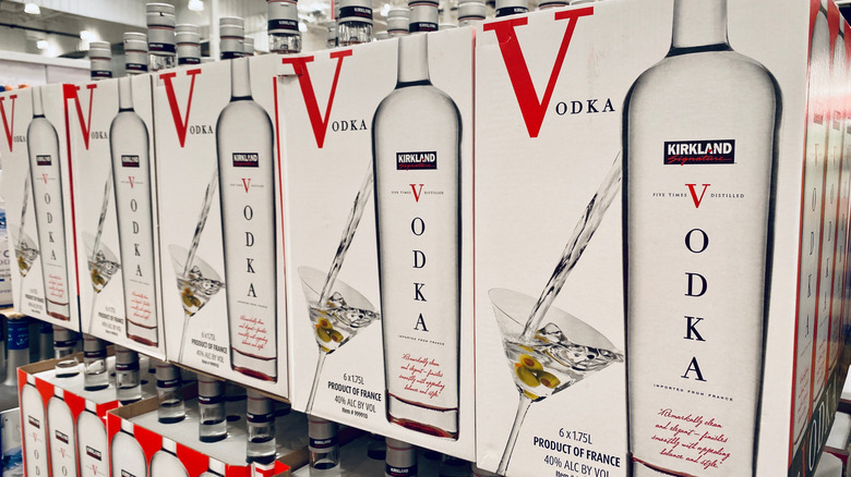 Boxes of Kirkland Signature's French Vodka on display shelves