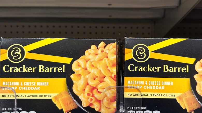 Two packages of Cracker Barrel mac and cheese.