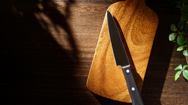 A kitchen knife on a wooden cutting board in a dark room