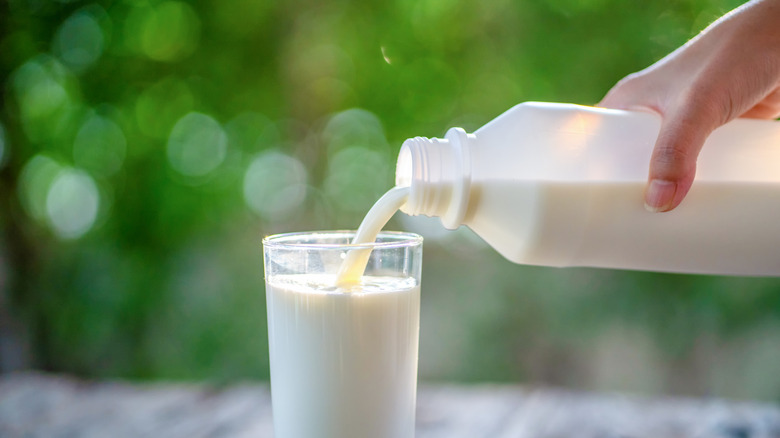A person pouring milk into a glass