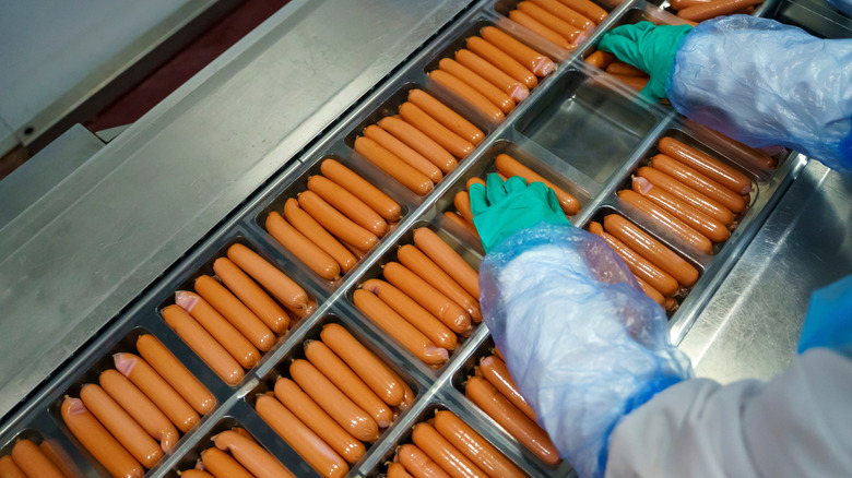Hands arranging hot dogs at factory