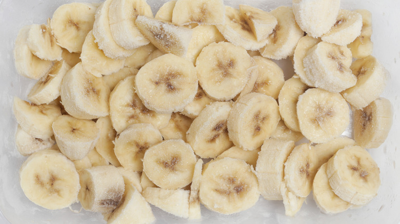 Pile of frozen sliced bananas