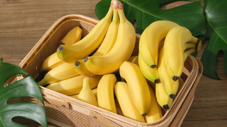 A number of bananas in a wooden basket.
